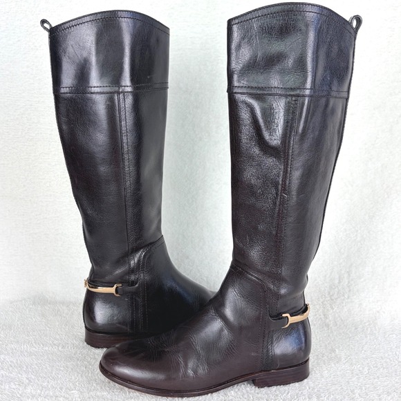 Tory Burch Jess Dark Brown Leather Knee High Riding Boots Gold Horsebit 7.5M - Picture 2 of 16
